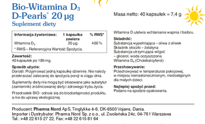 Suplement diety Pharma Nord Bio-Witamina D3 D-pearls 20 mcg 40 kapsułek (5709976137103)