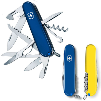 Швейцарський ніж Victorinox HUNTSMAN UKRAINE 91мм/15 функцій, синьо-жовті накладки