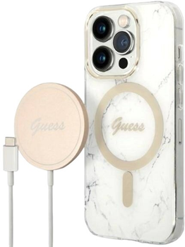 Etui + Ładowarka Guess Marble MagSafe do Apple iPhone 14 Pro White (3666339103200)