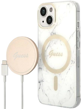 Etui + Ładowarka Guess Marble MagSafe do Apple iPhone 14 White (3666339103187)