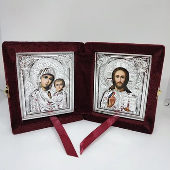 Складень Ікона-двійник під срібло, тканина темна вишня, стрічка