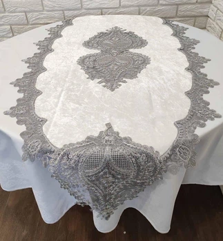Дорожка велюровая Acme с кружевом 70*160 Payidar Krem-Silver