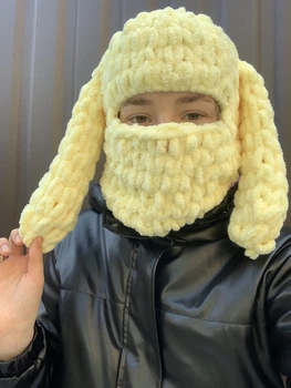 Балаклава в'язана ручної роботи з вушками зайця жовта