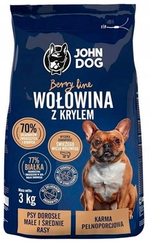 Karma dla psów małych ras John Dog Berry Line M/S rasy Wolowina z krylem 3 kg (5903246849851)