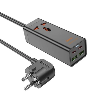 Сітковий фільтр Hoco AC10A 1x220V+2хUSB+ 2хType-C 65W 1.5М електричний підовжувач швидка зарядка для пристроїв Чорний