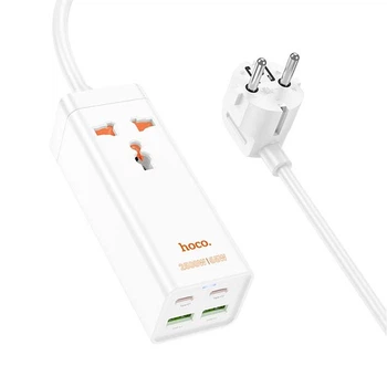 Сітковий фільтр Hoco AC10A 1x220V+2хUSB+ 2хType-C 65W 1.5М електричний підовжувач швидка зарядка для пристроїв Білий