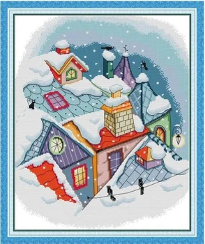 Набор для вышивания по нанесённой на канву схеме"Snow On The Roof Winter House".AIDA 14CT printed , 39*46 см