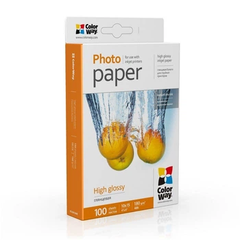 Фотопапір ColorWay глянцевий 180 г/м², 10х15, 100 л. (PG1801004R) Фотопапір глянцевий 180 грам