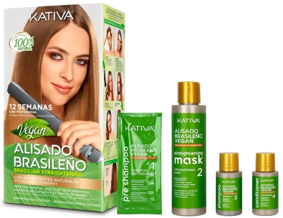 Набір для вирівнювання волосся Kativa Brazilian Straightening Vegan Kit Шампунь 15 мл + Маска 150 мл + Шампунь після обробки 30 мл + Кондиціонер 30 мл (7750075057364)