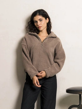 Толстовка Теди женская зимняя с воротником на молнии Seventeen XXL-3XL Коричневая 2115.5527