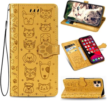 Чохол Embossed Cat and Dog для Iphone 11 Pro Max книжка з візитницею шкіра PU жовтий