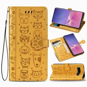Чохол Embossed Cat and Dog для Samsung Galaxy S10 / G973 книжка шкіра PU з візитницею жовтий