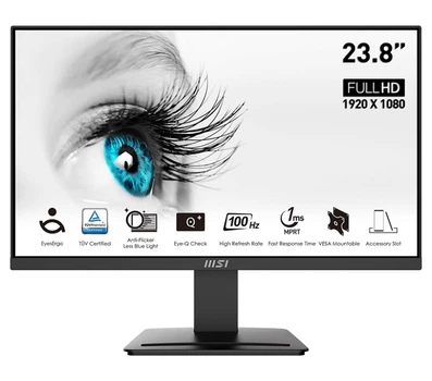 Монітор 23.8' MSI PRO MP2412, Black, WLED, VA, 1920x1080 (16:9), 1 мс, 100 Гц, 300 кд/м², 4000:1, 178°/178°, HDMI/DP, VESA 75x75 мм, Adaptive Sync