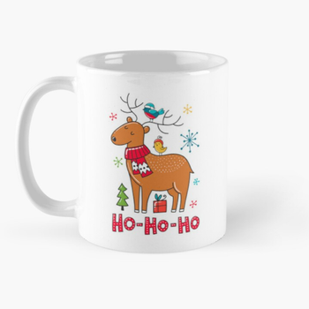Чашка Керамическая Кружка с принтом Ho Ho Ho Хо-хо-хо Олень и птички Новый год Белая 330 мл