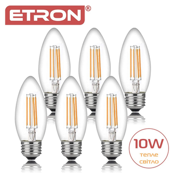 Комплект філаментних ламп ETRON Filament (6 Штук) C37 10W E27 3000K тепле світло