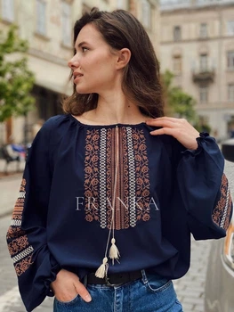 Жіноча вишиванка офісна класична блуза темно-синя "Оріана" на якісному легкому шифоні 12080-66 (5XL)