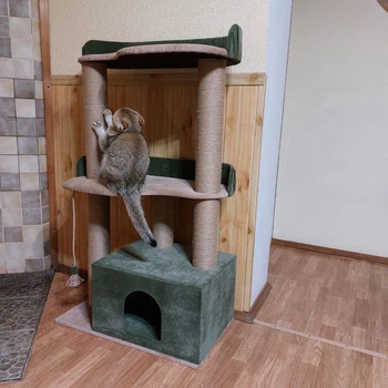 Кошачья когтеточка с большим домиком и лежанками для котов и котят 115х70х40см оливково коричневый