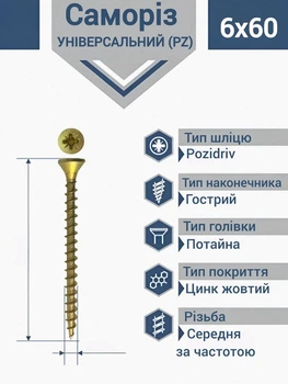Саморез 6х60 мм по дереву универсальный желтый (200 шт.)