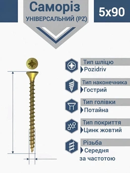 Саморіз 5х90 мм для дерева універсальний жовтий (200 шт.)