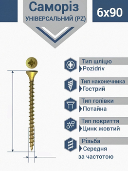 Саморіз 6х90 мм для дерева універсальний жовтий (200 шт.)
