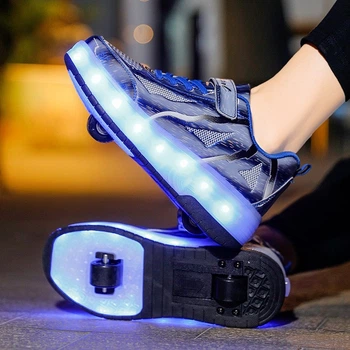 Роликовые кроссовки для мальчиков с LED подсветкой синие на 2-х колёсах (LR 1285) 31(19,5см)