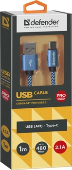 Kabel Defender USB09-03T Pro USB 2.0 AM-Type-C 1 m Niebieski (4714033878173)