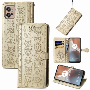 Чохол Embossed Cat and Dog для Motorola Moto G32 книжка шкіра PU з візитницею золотистий