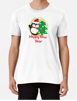 Мужская Новогодняя футболка Stedman с принтом Happy New Year Пингвин и ёлочка Белый L
