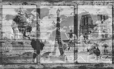 Фотошпалери з містами в інтер'єрі 312x219 см Пам'ятки Парижа на сірих дошках+клей