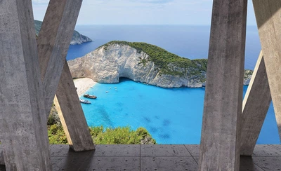 Фотообои на кухню Природа Ландшафт 368x254 см Лазурный берег за 3D бетонными колоннами (3656P8)+клей