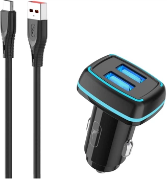 Автомобильное зарядное устройство Sky Dolphin SZ18T 2 USB 3.4 A + кабель Type-C Black (AZP-000100)