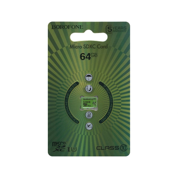 Карта Памяти Borofone MicroSDXC 64gb 10 Class, Зелёный P001 запись 10 Мб/с