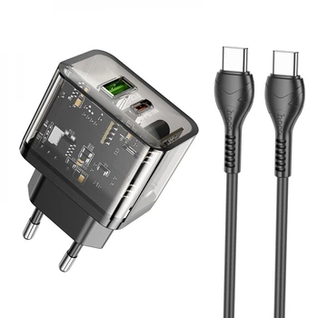 Блок питания Hoco N34 Dazzling + кабель Type-C (PD 20 Вт, QC 3.0, USB Type-C USB Type-A, мощный, с быстрой зарядкой) - Черный