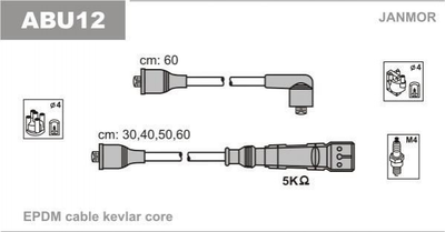 Провода высоковольтные Janmor ABU12 Volkswagen Golf, Passat, Polo, Scirocco, Jetta, Caddy; Seat Cordoba, Toledo, Ibiza 059998031, 803998031