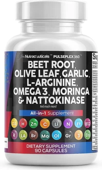 Премиальная добавка повышающие уровень оксида азота Clean Nutraceuticals Beet Root Capsules 6000mg Olive Leaf 6000mg Nattokinase 4000 FU Garlic Extract 2000mg L-Arginine 400mg Omega 3 Red Yeast Rice Hibiscus Danshen 60 капсул