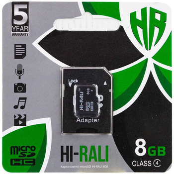 Карта памяти Hi-Rali microSDHC 8 GB Card Class 4 + SD adapter Черный