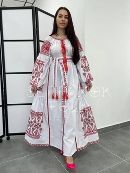 Длинное вышитое платье белое "Мишель" на качественной ткани лен-вискоза с объемной красной вышивкой 12520-50 (XL)