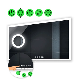 LED-зеркало 100x80см, с тремя сенсорами, часами, подогревом и линзой с подсветкой, модель Simphony (Simphonyg163)