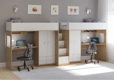 Дитяче двоярусне ліжко N-057 Loft_Apartament колір білий+дуб сонома 4014 × 802 × 1677 мм