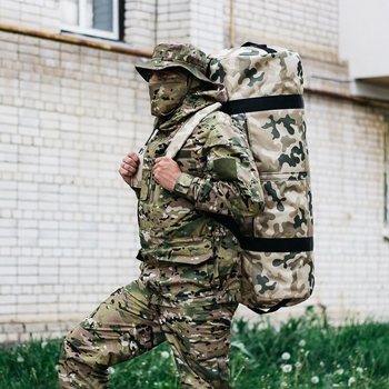 Військова сумка баул, армійський баул Оксфорд пісочний мультикам 100 л тактичний баул, тактичний баул-рюкзак