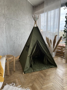 Вігвам дитячий Zhukokids однотонний з ковриком і фіксатором 115x115x190 Хакі