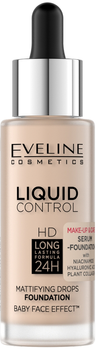 Podkład do twarzy Eveline Cosmetics Liquid Control HD we Flakonie Wygładzający Matujący Nawilżający z dropperem 002 Soft Porcelain 32 ml (5903416048541)