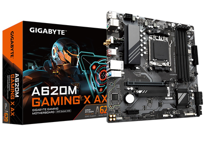 Материнська плата AM5 Gigabyte A620M GAMING X AX, A620, 4xDDR5, Int.Video (CPU), 4xSATA3, 1xM.2, 1xPCI-E 4.0 x16, 1xPCI-E 3.0 x1, Realtek 7.1, Realtek 1Gb, WiFi 6E, Bluetooth 5.2, 6xUSB3.2/4xUSB2.0, HDMI/DP, MicroATX