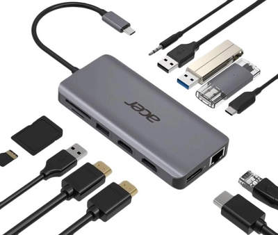 Док-станція Acer 12в1 Type C dongle: 2xUSB3.2, 2xUSB2.0, 1xSD/TF, 2xHDMI, 1xPD, 1xDP, 1xRJ45, 1x3.5 Audio (HP.DSCAB.009)
