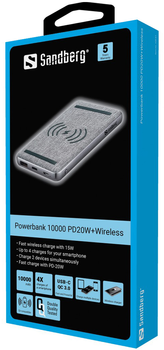 Powerbank Sandberg PD 20W Wireless QI 15W 10000 mAh Grey (5705730420610)
