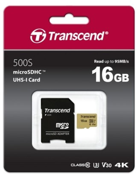 Karta pamięci Transcend MicroSDHC 500S 16GB Class 10 UHS-I U3 + adapter (TS16GUSD500S)