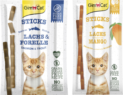 Упаковка лакомство для котов Мясные палочки Gimborn GimCat SUPERFOOD лосось и манго 3 шт 1 упаковка + Мясные палочки Gimborn GimCat лосось и треска grain-free 4 шт 1 упаковка 35 г (2700000031025)