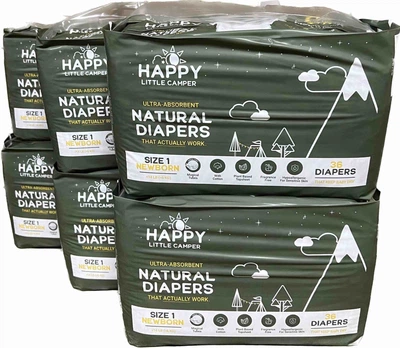 BOX 216 штук екологічних підгузків преміум класу Happy Little Camper 1 розміру, 2-6 кг