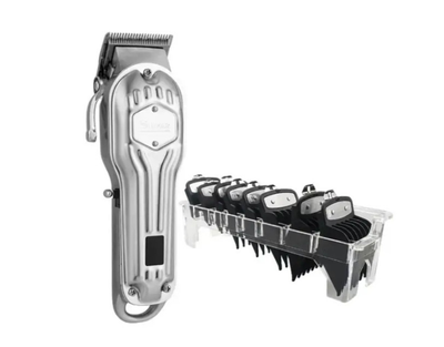 Машинка для стрижки Surker Cordless K9S Silver + Набор черных премиум-насадок с подставкой Серебристый