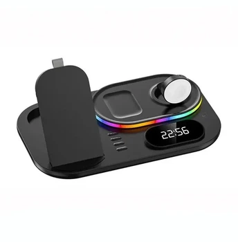 Беспроводная зарядная док-станция VIKEFON 4 в 1 для смартфонов / наушников / Apple Watch, с подсветкой и часами, черная (74048617)